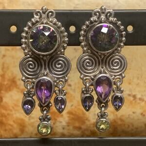 Sajen Earrings Sterling Silver, Mystic Topaz, Amethyst and Peridot w/ Swirls